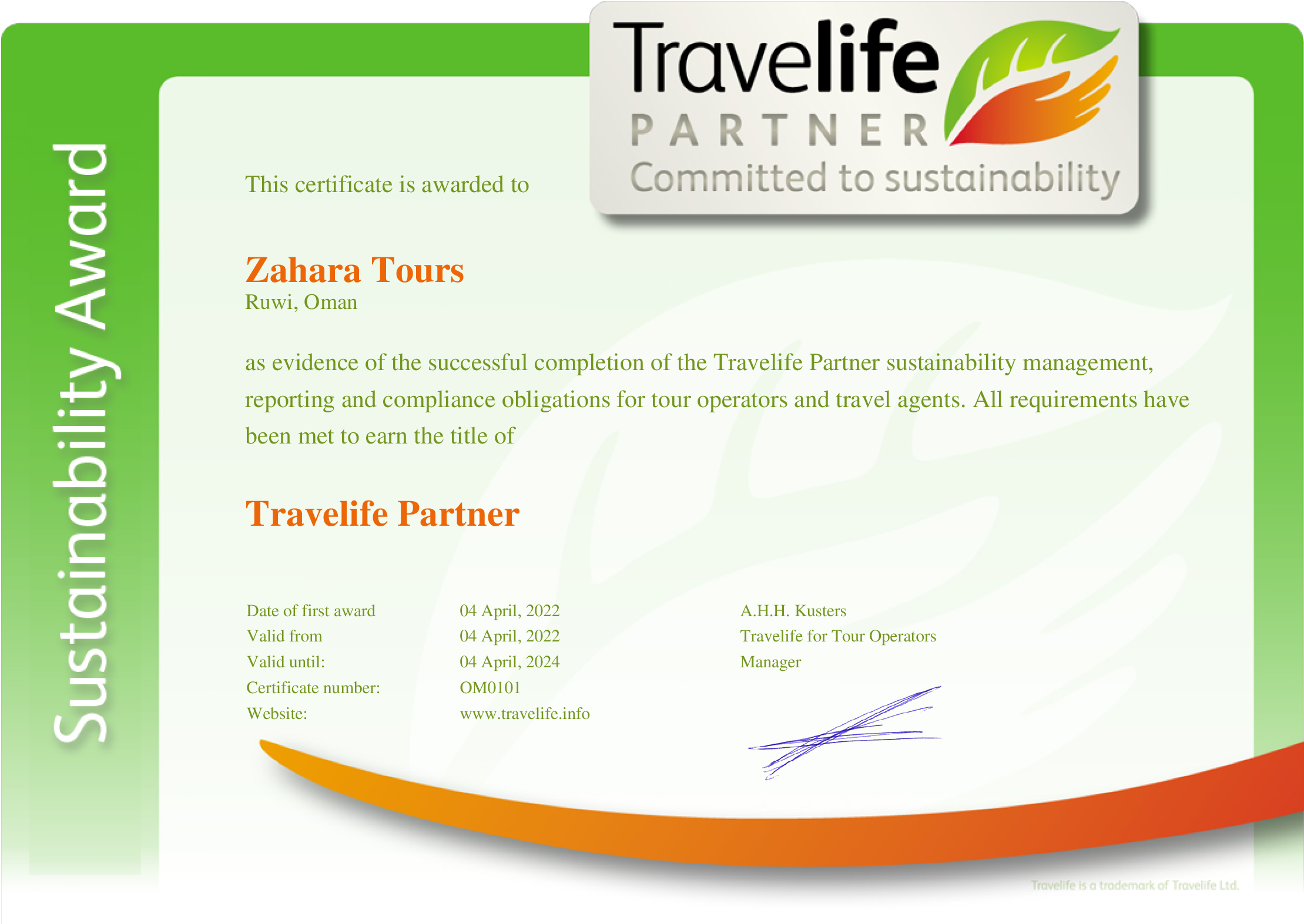 Zahara Tours Travelife Partner Certificate 2022